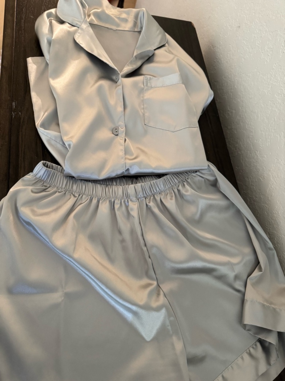 Satin Two-Piece Pajama Set in Shimmering Light Silver
